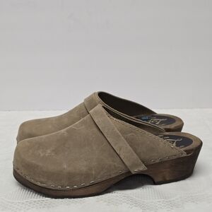 Lotta’s Lotta From Stockholm Taupe Genuine Leather Slip On Wooden Clogs Size 7.5